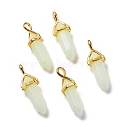 Luminous/Glow Bullet Glass Pointed Pendants, with Golden Tone Brass Findings, Lead Free and Cadmium Free, Light Coral, 28~29.5x9~9.5x8mm, Hole: 4.5x3mm(GLAA-K058-01G-02)