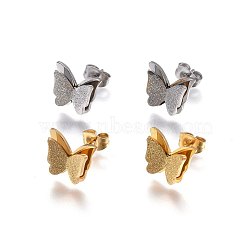 304 Stainless Steel Stud Earrings, Hypoallergenic Earrings, Textured, Butterfly, Mixed Color, 10x12x3.5mm, Pin: 0.8mm(EJEW-H367-19)