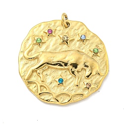 Real 18K Gold Plated PVD Vacuum Plating 304 Stainless Steel Pendants, with Rhinestone and Jump Ring, Flat Round with Constellations Charms, Taurus, 20~21.8x20~21x2~3mm, Hole: 2mm(STAS-L278-003G-02)