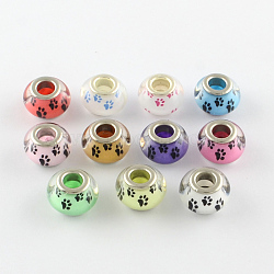 Large Hole Dog Paw Prints Pattern Resin European Beads, with Silver Color Plated Brass Double Cores, Rondelle, Mixed Color, 14x9~10mm, Hole: 5mm(OPDL-Q129-M12)