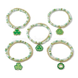 10Pcs 5 Styles Saint Patricks Day Theme Glass Seed Beaded Multi-strand Bracelets, Alloy Enamel Clover Charm Stretch Bracelets for Women, Green, Inner Diameter: 2-1/8 inch(5.5cm), 2pcs/style(BJEW-MZ00135-S)