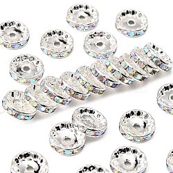 Brass Rhinestone Spacer Beads, Grade A, AB Color, Rondelle, Nickel Free, Clear AB, Silver Color Plated, Size: about 12mm in diameter, 4mm thick, hole: 2.5mm(RSB042NF-02)