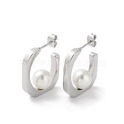 304 Stainless Steel Stud Earrings, with Glass Pearl, C-shape, Stainless Steel Color, 24x3mm(EJEW-M249-07P)