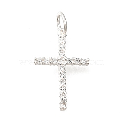 925 Sterling Silver Micro Pave Clear Cubic Zirconia Pendants, Religion Cross Charms, with Jump Rings, Silver, 17.5x11.5x2mm, Hole: 3mm(STER-F059-04S)