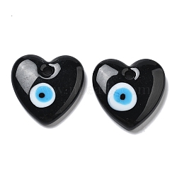 Handmade Evil Eye Lampwork Pendants, Heart Charms, Black, 34.5~35x35~35.5x6.5~8mm, Hole: 3mm(LAMP-F035-11D)