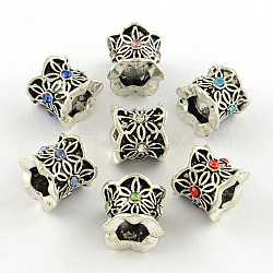 Antique Silver Plated Alloy Rhinestone Large Hole European Beads, Column with Flower, Mixed Color, 9x10mm, Hole: 5mm(MPDL-R041-08)