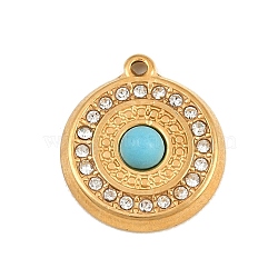 304 Stainless Steel Rhinestone Pendants, Flat Round, with Cat Eye, Golden, 17x15x4mm, Hole: 1.1mm(CE-CBAF3A3-25G-01)