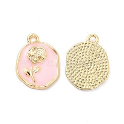 Alloy Enamel Pendants, Golden, Oval with Rose Charm, Pink, 17.5x13.5x2mm, Hole: 1.6mm(ENAM-E004-08G-03)