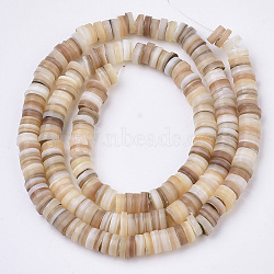 Natural Freshwater Shell Beads Strands, Disc/Flat Round, Heishi Beads, Shell Shards, Wheat, 5x0.5~3mm, Hole: 0.9mm, 14.88 inch(37.8cm)~15.19 inch(38.6cm), about 204~209pcs/Strand(X-SHEL-N003-02)