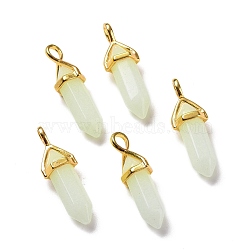 Luminous/Glow Bullet Glass Pointed Pendants, with Golden Tone Brass Findings, Lead Free and Cadmium Free, Light Coral, 28~29.5x9~9.5x8mm, Hole: 4.5x3mm(GLAA-K058-01G-02)