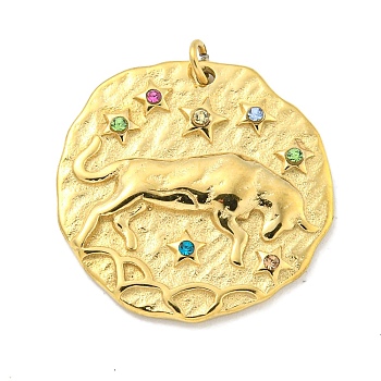 Real 18K Gold Plated PVD Vacuum Plating 304 Stainless Steel Pendants, with Rhinestone and Jump Ring, Flat Round with Constellations Charms, Taurus, 20~21.8x20~21x2~3mm, Hole: 2mm