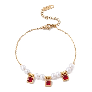 Square Cubic Zirconia Charm Bracelet with Acrylic Pearl, Gold Plated 304 Stainless Steel Jewelry for Women, Red, 6-3/4 inch(17cm)