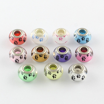 Large Hole Dog Paw Prints Pattern Resin European Beads, with Silver Color Plated Brass Double Cores, Rondelle, Mixed Color, 14x9~10mm, Hole: 5mm