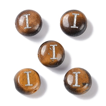 Natural Tiger Eye Beads, Rondelle with Letter, Letter I, 8.5~9x5~5.5mm, Hole: 1.2mm