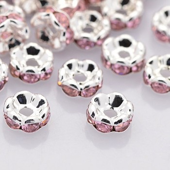 Brass Rhinestone Spacer Beads, Grade A, Wavy Edge, Silver Color Plated, Rondelle, Light Rose, 6x3mm, Hole: 1mm