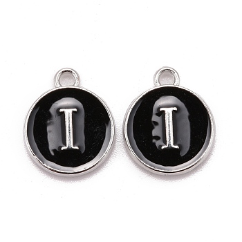 Platinum Plated Alloy Charms, Cadmium Free & Lead Free, with Enamel, Enamelled Sequins, Flat Round with Letter, Letter.I, 14x12x2mm, Hole: 1.5mm