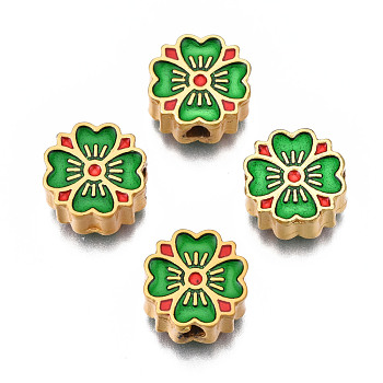 Rack Plating Alloy Enamel Beads, Cadmium Free & Lead Free, Matte Gold Color, Flower, Green, 11x11x5mm, Hole: 2mm