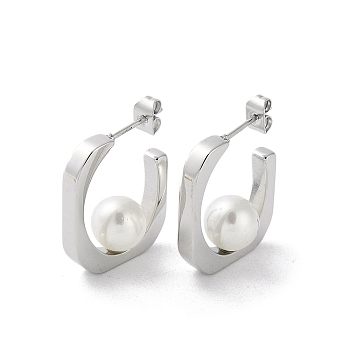 304 Stainless Steel Stud Earrings, with Glass Pearl, C-shape, Stainless Steel Color, 24x3mm