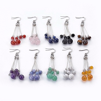 Natural Gemstone Dangle Earrings Sets, with 304 Stainless Steel Earring Hooks and Iron Eye Pins, Round, Stainless Steel Color, 77~78mm, Pendant: 57x58mm, Pin: 0.6mm, 10pairs/set