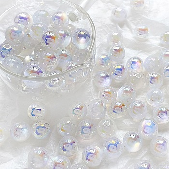 Rainbow Iridescent Plating Acrylic Beads, Round, White, 11.5mm, Hole: 2mm