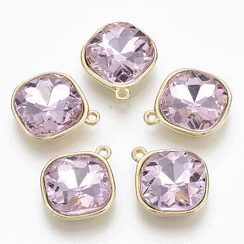 Golden Plated Alloy Pendants, with Glass Rhinestone, Rhombus, Pink, 18x15x5mm, Hole: 1.4mm
