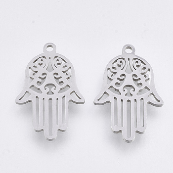 Tarnish Resistant 201 Stainless Steel Pendants, Laser Cut Pendants, Hamsa Hand/Hand of Fatima/Hand of Miriam, Stainless Steel Color, 21.5x13.5x1mm, Hole: 1.4mm