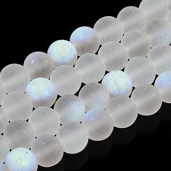 Transparent Frosted Glass Beads Strands, Half AB Color Plated, Round, WhiteSmoke, 8x7mm, Hole: 1mm, about 51~55pcs/strand, 14.37~15.55 inch(36.5~39.5cm)