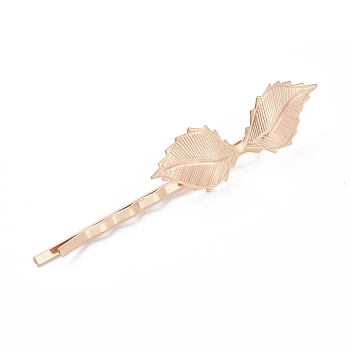 Iron Hair Bobby Pins, with Brass Findings, Leaf, Long-Lasting Plated, Light Gold, 72x4.5mm, Leaf: 42x14mm