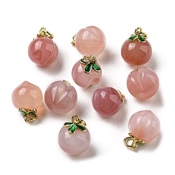 Natural Agate Pendants, Peach Charms with Brass Leaf Findings, Real 14K Gold Plated, 16x12x11mm, Hole: 3mm