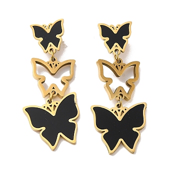 Golden 304 Stainless Steel Enamel Dangle Stud Earrings, Butterfly, Black, 40x16mm
