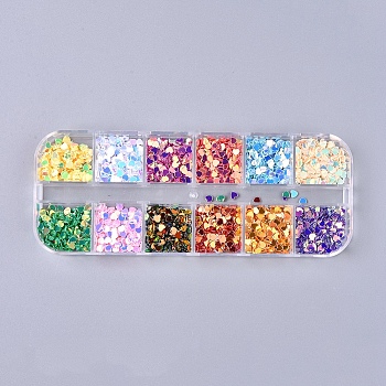 12 Colors Laser Shining Nail Art Glitter, Manicure Sequins, DIY Sparkly Paillette Tips Nail, Packing Box, Heart, Mixed Color, 2.5x3x0.3mm