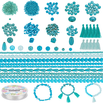 DIY Stone Bracelet Making Kit, Including Polycotton Tassel Decorations, Chips & Round & Teardrop & Oval & Flat Round Synthetic Turquoise & Howlite & Glass & Seed Beads, Elastic Thread, Deep Sky Blue