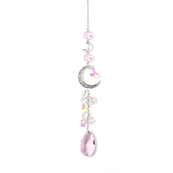 Glass Moon Hanging Suncatcher Pendant Decoration, Teardrop Crystal Ceiling Chandelier Ball Prism Pendants, with Alloy & Iron Findings, Hot Pink, 420~430mm