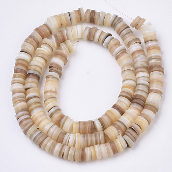 Natural Freshwater Shell Beads Strands, Disc/Flat Round, Heishi Beads, Shell Shards, Wheat, 5x0.5~3mm, Hole: 0.9mm, 14.88 inch(37.8cm)~15.19 inch(38.6cm), about 204~209pcs/Strand