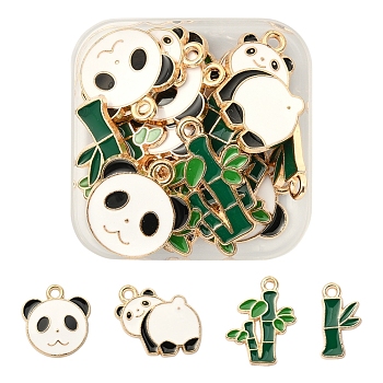 20Pcs 4 Style Alloy Enamel Pendants, Cadmium Free & Lead Free, Bamboo Stick & Panda, Light Gold, Mixed Color, 17~21.5x9~16.5x1.5~2mm, Hole: 1.6~1.8mm, 5pcs/style