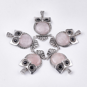 Natural Rose Quartz Big Pendants, with Rhinestone and Alloy Findings, Owl, Antique Silver, 50x32x9.5~10mm, Hole: 4.5x9mm