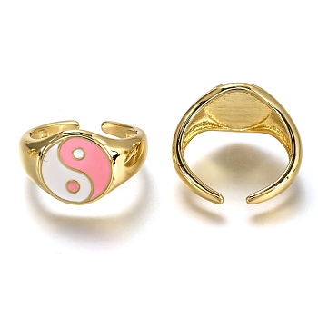 Brass Enamel Cuff Rings, Open Rings, Long-Lasting Plated, Flat Round with Gossip/Yin Yang, Real 18K Gold Plated, Pink, US Size 6, Inner Diameter: 17mm