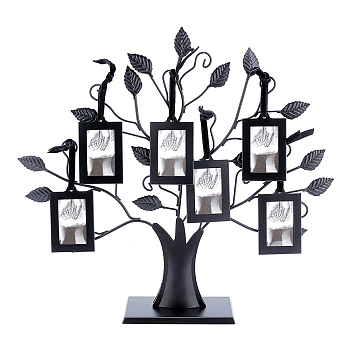 Iron Family Tree Picture Frame Stand, with Glass Hanging Picture Frames and Polyester Findings, Tree, Black, 31.5x36x1.7cm