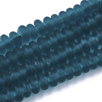Handmade Frosted Lampwork Beads Strands, Rondelle, Dark Cyan, 8x3.5~4.5mm, Hole: 1.5mm, about 108pcs/Strand, 15.75 inch