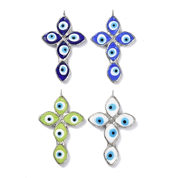 Handmade Evil Eye Lampwork Pendants, with Platinum Tone Tin Finding, Cadmium Free & Lead Free, Cross Charm, Mixed Color, 71x43x5mm, Hole: 4.5mm