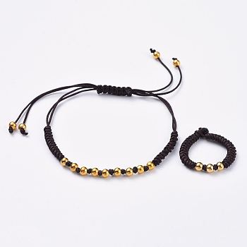 Adjustable Braided Bead Bracelets and Rings Jewelry Sets, with Nylon Thread Cord and Brass Beads, Cadmium Free & Lead Free, Golden, 10-1/4 inch~11 inch(26~28cm), 78x3.5~4x2.5mm