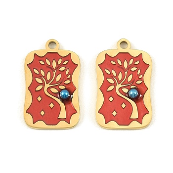 304 Stainless Steel Enamel Pendants, Rectangle with Tree Charm, with Plastic Pearl, Ion Plating(IP), Brown, 19.5x12x3mm, Hole: 1.5mm