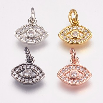 Brass Micro Pave Cubic Zirconia Charms, Horse Eye, Mixed Color, 9.5x11x2mm, Hole: 3mm