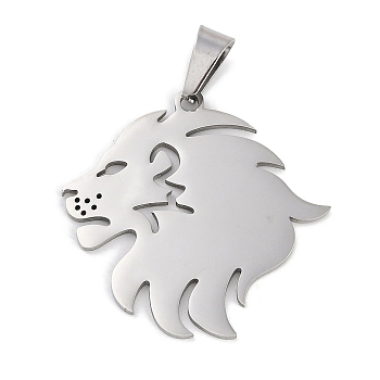 304 Stainless Steel Pendants, Laser Cut, Lion Charm, Stainless Steel Color, 35x35x1.5mm, Hole: 9x4.5mm