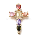 Rack Plating Brass Micro Pave Cubic Zirconia Links, Long-Lasting Plated, Cadmium Free & Lead Free, Cross with Virgin Mary Connector Charms, Colorful, 40x24.5x7mm, Hole: 1.8mm(X-KK-P287-51G-04)