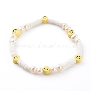 Handmade Polymer Clay Heishi Beaded Stretch Bracelets, with Natural Pearl Beads, Smiling Face, White, Inner Diameter: 2-1/8 inch(5.5cm)(BJEW-JB06143-04)