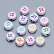 Craft Acrylic Horizontal Hole Letter Beads, Flat Round, Mixed Color, Letter.R, 7x3.5~4mm, Hole: 1.5mm, about 3600pcs/500g(SACR-S201-11R)