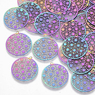 Ion Plating(IP) 201 Stainless Steel Filigree Pendants, Etched Metal Embellishments, Flat Round, Rainbow Color, 21.5x20x0.3mm, Hole: 1mm(STAS-R102-09)