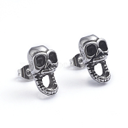Retro 304 Stainless Steel Stud Earrings, with Ear Nuts, Skull, Antique Silver, 15x8mm, Pin: 0.6mm(EJEW-L248-042AS)