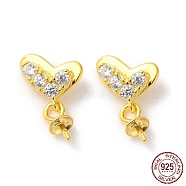 925 Sterling Silver Stud Earring Findings, Heart Dangle Earrings, with Cubic Zirconia, for Half Drilled Beads, Real 18K Gold Plated, 10x7.5x2mm, Pin: 0.6mm(STER-M114-16G)
